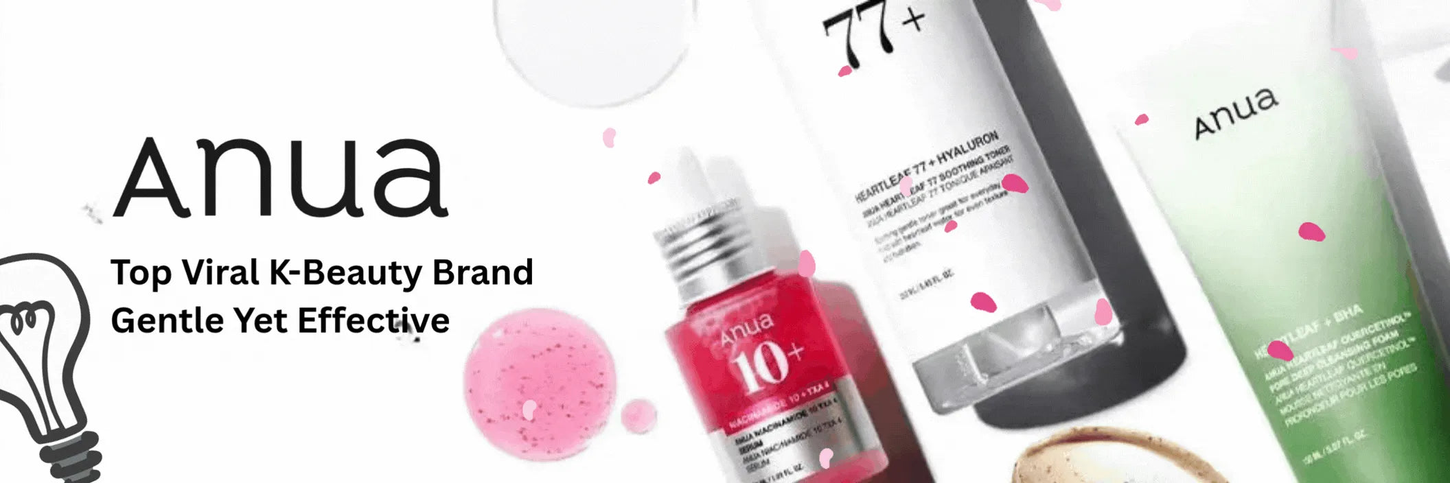 Anua skincare products with text highlighting it as a top viral K-beauty brand.