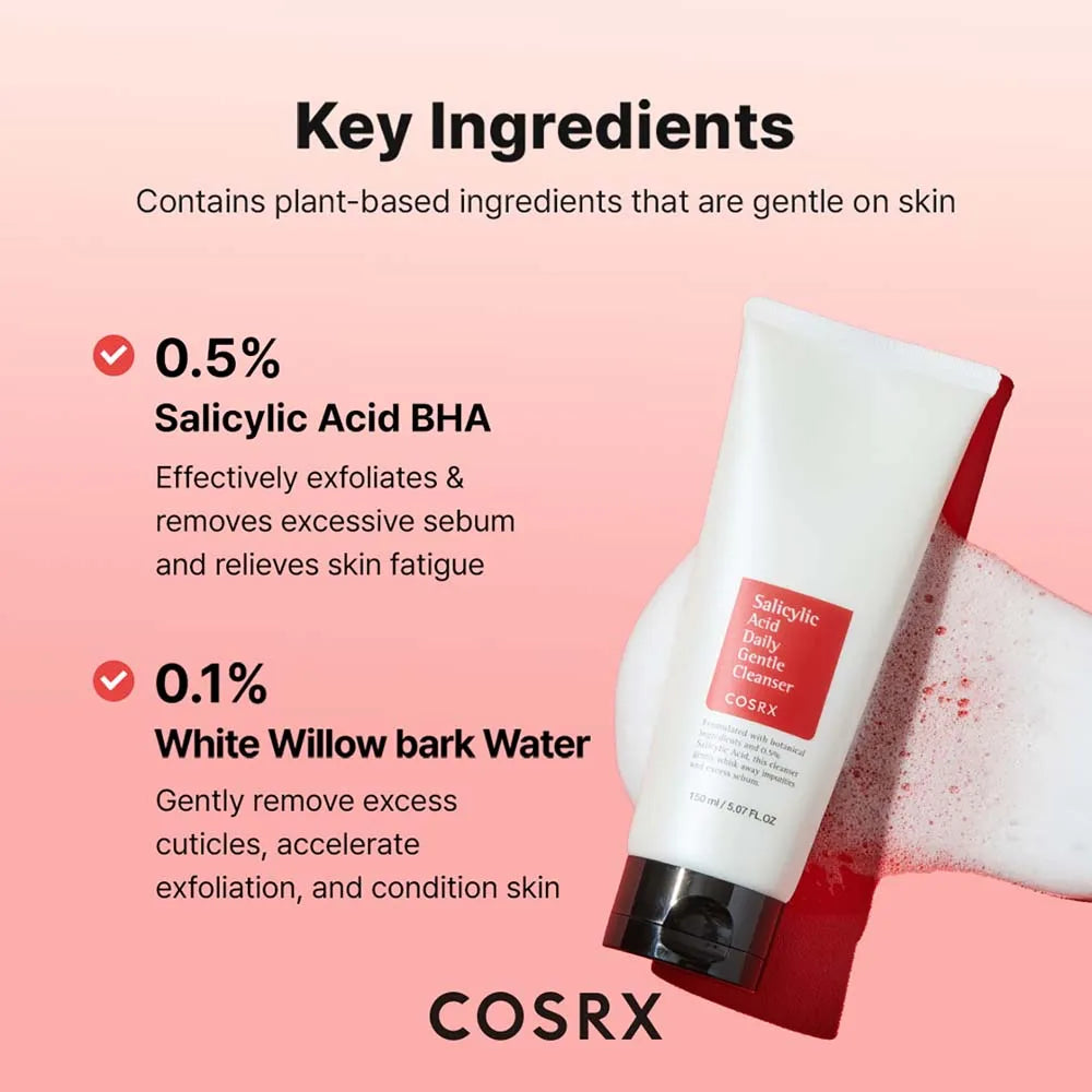 Cosrx cleanser with key ingredients on a pink background