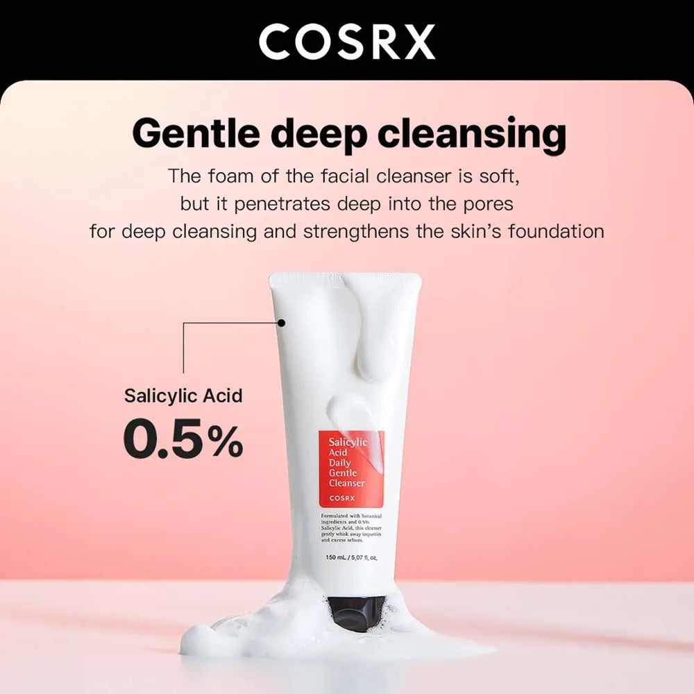 COSRX facial cleanser with text on a pink background