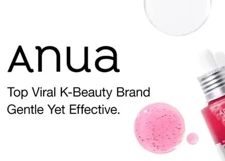 Anua beauty brand advertisement with a pink product and dropper on a white background.