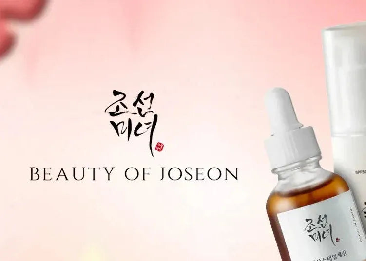 Beauty products with 'Beauty of Joseon' branding on a pink background