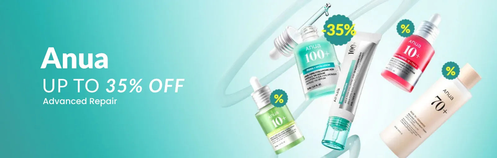 Promotional banner for Anua skincare products with discounts on a light blue background