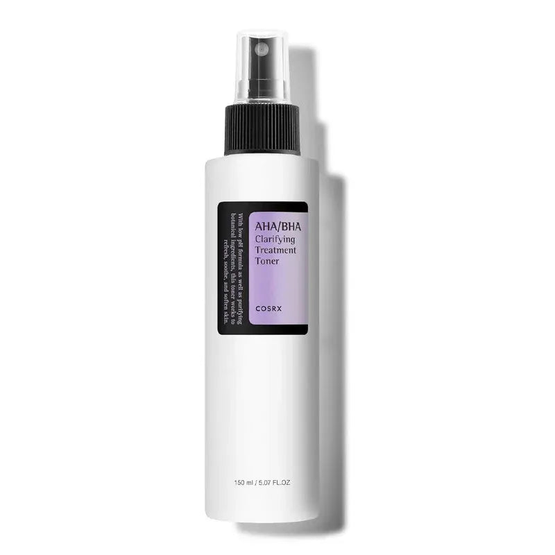 White bottle of CORX AHA/BHA Clarifying Treatment Toner on a white background